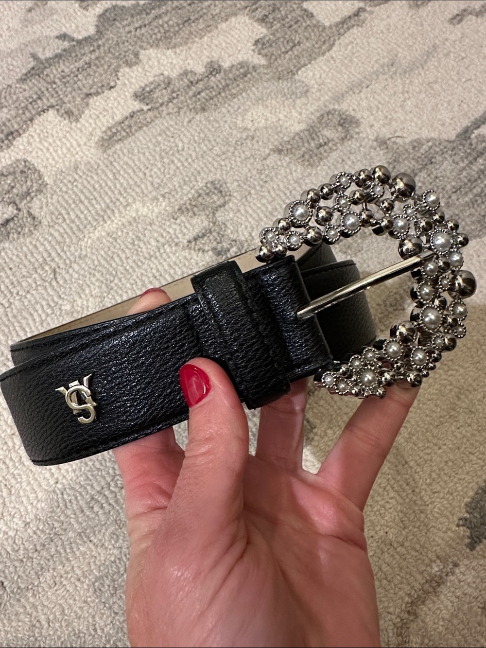 Steve Madden Black Women's Belt with Decorative Silver Pearl Buckle Small